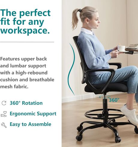 JHK Drafting Chair Standing Desk Chair Tall Office Chair for Standing Desk, Tall Desk Chair Counter Height Adjustable Office Chairs with Comfortable Armrests in Kuwait