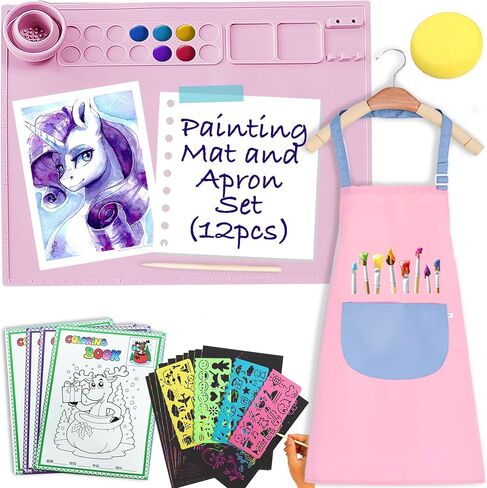 Silicone Painting Mat with 1 Apron, 1 Sponge, 12 Pcs, Collapsible Cup, Silicone Craft Mat for Creator, Kids Painting, Play Doh Silicone Painting Station for Toddlers, Children Gifts (Pink) in Saudi Arabia