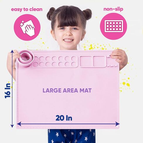 Silicone Painting Mat with 1 Apron, 1 Sponge, 12 Pcs, Collapsible Cup, Silicone Craft Mat for Creator, Kids Painting, Play Doh Silicone Painting Station for Toddlers, Children Gifts (Pink) in Saudi Arabia