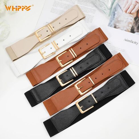 WHIPPY 2 حزمة من أحزمة الخصر المرنة للنساء، أحزمة واسعة قابلة للتمدد للسيدات بإبزيم ذهبي للفستان in Kuwait