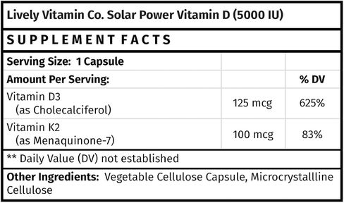 LIVELY VITAMIN CO. Solar Power Vitamin D3 5000 iu - Patented Vitamin K - MK7 - Immune Balance - Brain Function - Mood - Heart - Stress - 60 Count in Saudi Arabia