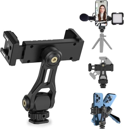 COMAN Metal Phone Tripod Mount - Holder Stand with 2 Cold Shoe and 1/4" Screw Mount, Universal Smartphone Mount Adapter, 360° Rotates Adjustable Cell Phone Clip Clamp Holder Fits iPhone, Samsung in Saudi Arabia