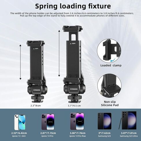 COMAN Metal Phone Tripod Mount - Holder Stand with 2 Cold Shoe and 1/4" Screw Mount, Universal Smartphone Mount Adapter, 360° Rotates Adjustable Cell Phone Clip Clamp Holder Fits iPhone, Samsung in Saudi Arabia