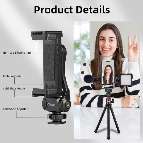 COMAN Metal Phone Tripod Mount - Holder Stand with 2 Cold Shoe and 1/4" Screw Mount, Universal Smartphone Mount Adapter, 360° Rotates Adjustable Cell Phone Clip Clamp Holder Fits iPhone, Samsung in Saudi Arabia