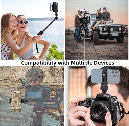 COMAN Metal Phone Tripod Mount - Holder Stand with 2 Cold Shoe and 1/4" Screw Mount, Universal Smartphone Mount Adapter, 360° Rotates Adjustable Cell Phone Clip Clamp Holder Fits iPhone, Samsung in Saudi Arabia