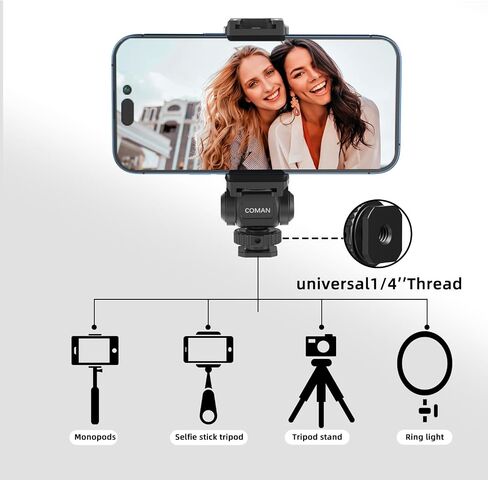 COMAN Metal Phone Tripod Mount - Holder Stand with 2 Cold Shoe and 1/4" Screw Mount, Universal Smartphone Mount Adapter, 360° Rotates Adjustable Cell Phone Clip Clamp Holder Fits iPhone, Samsung in Saudi Arabia
