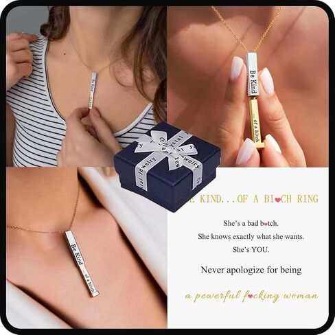 chewgum Be Kind...Of A Bi*ch - Hidden Message Necklace, Be Kind of a b Hidden Necklace, Personalized 3D Engraving Vertical Bar Necklace, Stainless Steel Be kind Necklace for Women Girls in Saudi Arabia