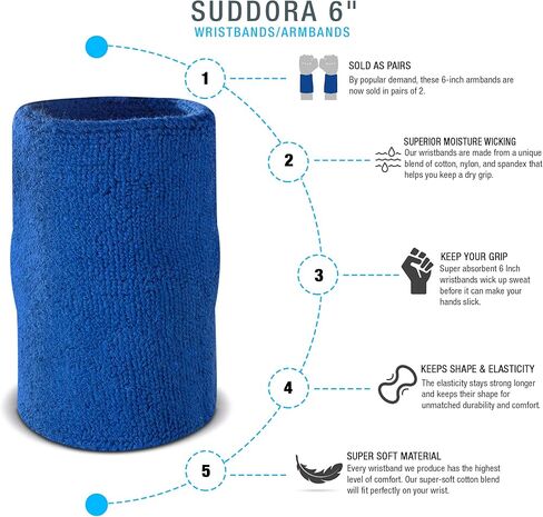 Suddora 6" Doublewide Wrist Bands/Armbands (Pair) - Thick Sweatbands for Basketball, Tennis, Baseball, Gym in Kuwait