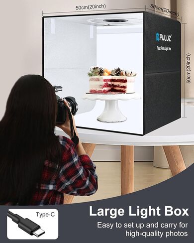 صندوق إضاءة PULUZ للتصوير الفوتوغرافي للمنتج، مقاس 20 بوصة × 20 بوصة، استوديو صور محمول كبير كشك صور صندوق إضاءة مجوهرات لتصوير الطعام مع 160 مصباح LED قابل للتعتيم وخلفيات ملونة 12 لون in Saudi Arabia