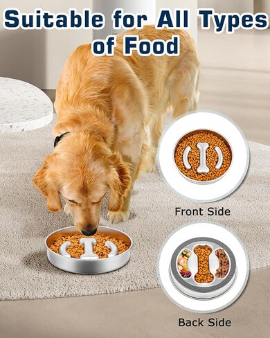 Petbank Dog Slow Feeder Bowl Stainless Steel - 900ML (3-4 Cups) Anti-Slip Metal Slow Feeder Dog Bowls Double-Sided for Small Medium Large Breeds, Dog Food Bowls Suitable for Dry, Wet Food in Kuwait