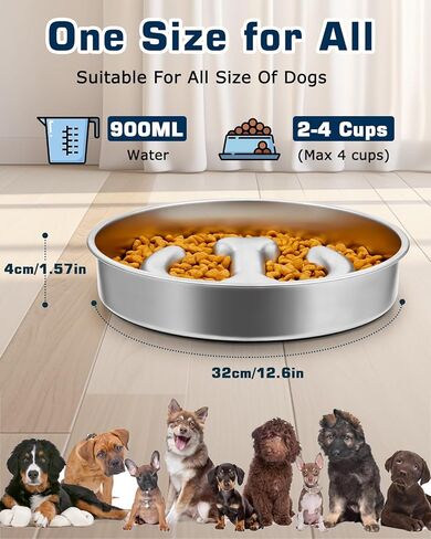 Petbank Dog Slow Feeder Bowl Stainless Steel - 900ML (3-4 Cups) Anti-Slip Metal Slow Feeder Dog Bowls Double-Sided for Small Medium Large Breeds, Dog Food Bowls Suitable for Dry, Wet Food in Kuwait