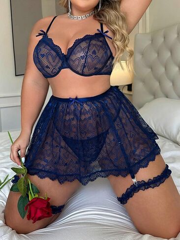 RoseSeek Women's Plus Size Lingerie 5 Piece Color Block Lace Sheer Mesh Underwire Bra and Thongs Garter Belt in Saudi Arabia