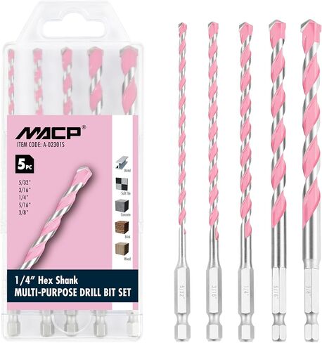 MACP Pink Multi-Purpose Carbide Tip Drill Bit Set - 5 Pcs Hex Shank Masonry Drill Bit for Metal, Brick, Block, Wood, Plastic, Tile, 5/32'', 3/16'', 1/4'', 5/16'', 3/8'' in Saudi Arabia