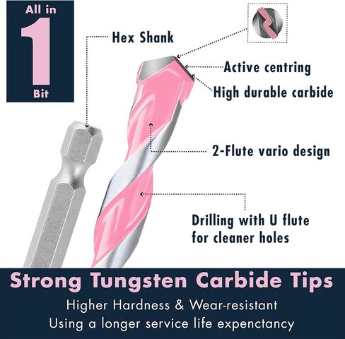 MACP Pink Multi-Purpose Carbide Tip Drill Bit Set - 5 Pcs Hex Shank Masonry Drill Bit for Metal, Brick, Block, Wood, Plastic, Tile, 5/32'', 3/16'', 1/4'', 5/16'', 3/8'' in Saudi Arabia