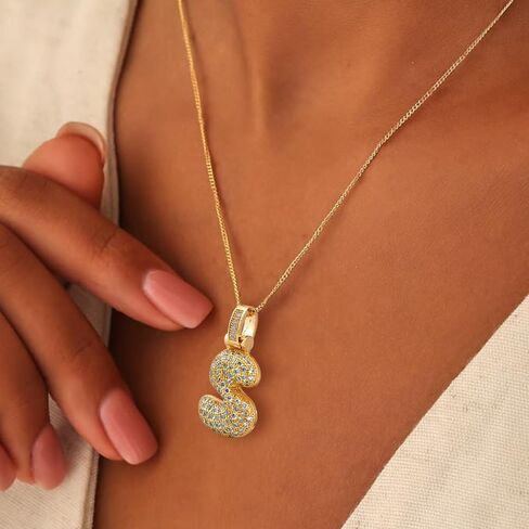 Bubble Letter Necklace Gold,18K Gold Plated Charm Balloon Initial Letter Pendant Zirconia Inlaid Necklaces Fashion Jewelry Gifts for Women Girlfriend in Saudi Arabia