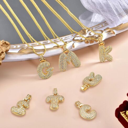 Bubble Letter Necklace Gold,18K Gold Plated Charm Balloon Initial Letter Pendant Zirconia Inlaid Necklaces Fashion Jewelry Gifts for Women Girlfriend in Saudi Arabia