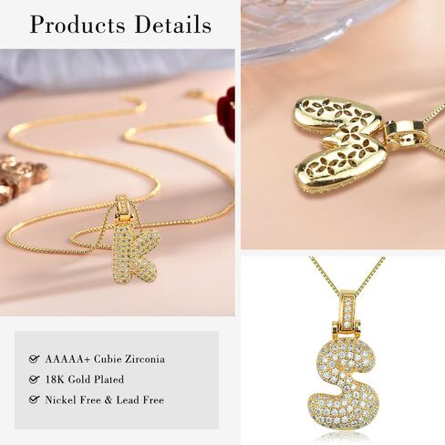 Bubble Letter Necklace Gold,18K Gold Plated Charm Balloon Initial Letter Pendant Zirconia Inlaid Necklaces Fashion Jewelry Gifts for Women Girlfriend in Saudi Arabia