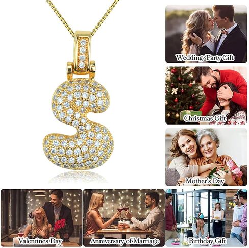 Bubble Letter Necklace Gold,18K Gold Plated Charm Balloon Initial Letter Pendant Zirconia Inlaid Necklaces Fashion Jewelry Gifts for Women Girlfriend in Saudi Arabia
