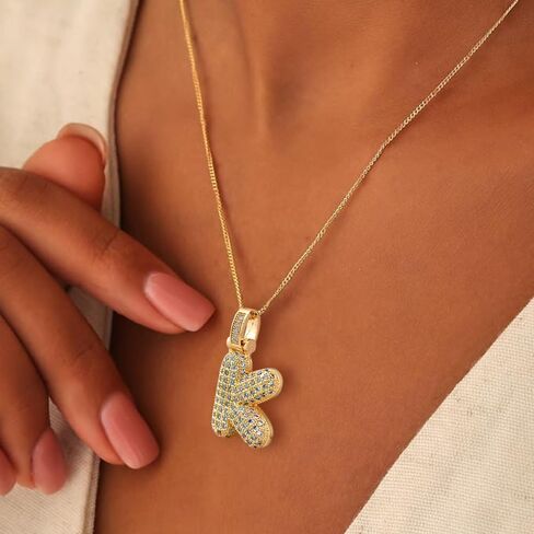 Bubble Letter Necklace Gold,18K Gold Plated Charm Balloon Initial Letter Pendant Zirconia Inlaid Necklaces Fashion Jewelry Gifts for Women Girlfriend in Saudi Arabia