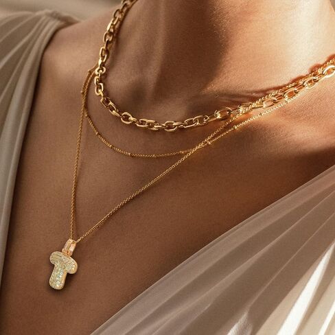 Bubble Letter Necklace Gold,18K Gold Plated Charm Balloon Initial Letter Pendant Zirconia Inlaid Necklaces Fashion Jewelry Gifts for Women Girlfriend in Saudi Arabia