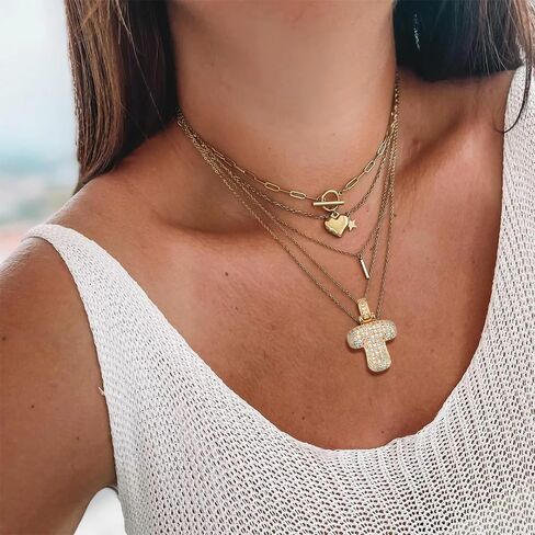 Bubble Letter Necklace Gold,18K Gold Plated Charm Balloon Initial Letter Pendant Zirconia Inlaid Necklaces Fashion Jewelry Gifts for Women Girlfriend in Saudi Arabia