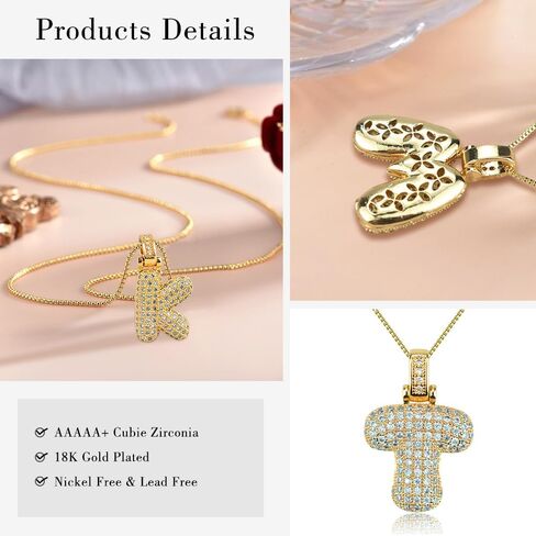 Bubble Letter Necklace Gold,18K Gold Plated Charm Balloon Initial Letter Pendant Zirconia Inlaid Necklaces Fashion Jewelry Gifts for Women Girlfriend in Saudi Arabia
