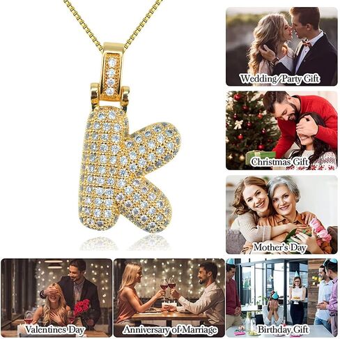 Bubble Letter Necklace Gold,18K Gold Plated Charm Balloon Initial Letter Pendant Zirconia Inlaid Necklaces Fashion Jewelry Gifts for Women Girlfriend in Saudi Arabia