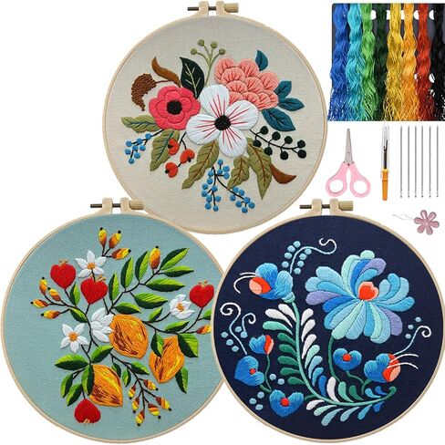 3 Sets Embroidery Kit for Beginners Adults， Flower Pattern Hand Embroidery Kit Cross Stitch Starter Kits DIY Embroidery Kits with Patterns and Instructions Hoops Needles Threads in Saudi Arabia