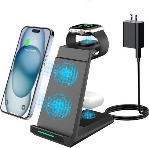 محطة شحن لاسلكية لهاتف iPhone - حامل شاحن 3 في 1 ADADPU لهاتف iPhone 15 14 13 12 11 Pro Max XR XS 8 Plus، قاعدة شحن لاسلكية لساعة Apple 8/7/SE/6/5/4/3/2، AirPods Pro /3/2 (مع المحول) in Kuwait
