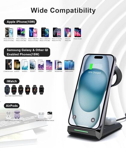 محطة شحن لاسلكية لهاتف iPhone - حامل شاحن 3 في 1 ADADPU لهاتف iPhone 15 14 13 12 11 Pro Max XR XS 8 Plus، قاعدة شحن لاسلكية لساعة Apple 8/7/SE/6/5/4/3/2، AirPods Pro /3/2 (مع المحول) in Kuwait
