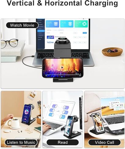 محطة شحن لاسلكية لهاتف iPhone - حامل شاحن 3 في 1 ADADPU لهاتف iPhone 15 14 13 12 11 Pro Max XR XS 8 Plus، قاعدة شحن لاسلكية لساعة Apple 8/7/SE/6/5/4/3/2، AirPods Pro /3/2 (مع المحول) in Kuwait