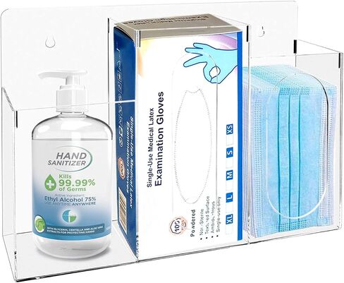 WAHFAY Acrylic Hygiene Dispenser Sanitation Station with Three Compartment, Gloves Masks Hairnets Acrylic Box Holder, Wall Mount or Tabletop Acrylic Clear Storage Containers in Saudi Arabia