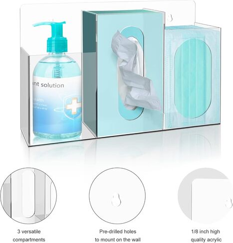 WAHFAY Acrylic Hygiene Dispenser Sanitation Station with Three Compartment, Gloves Masks Hairnets Acrylic Box Holder, Wall Mount or Tabletop Acrylic Clear Storage Containers in Saudi Arabia