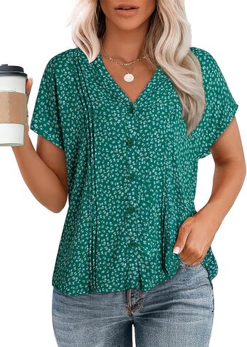 Dokotoo Women's Casual V Neck Floral Print Smocked Short Cap Sleeve Button Down Chiffon Blouses Pleated Top Shirts in Saudi Arabia
