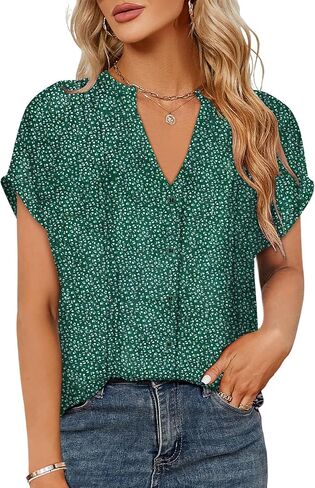 Dokotoo Women's Casual V Neck Floral Print Smocked Short Cap Sleeve Button Down Chiffon Blouses Pleated Top Shirts in Saudi Arabia