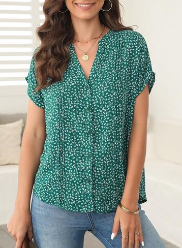 Dokotoo Women's Casual V Neck Floral Print Smocked Short Cap Sleeve Button Down Chiffon Blouses Pleated Top Shirts in Saudi Arabia