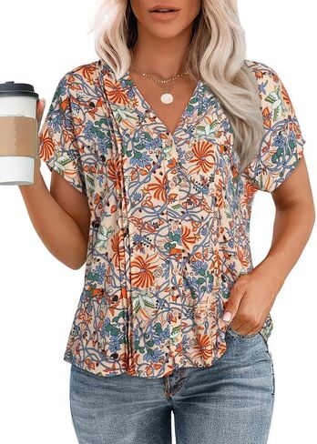 Dokotoo Women's Casual V Neck Floral Print Smocked Short Cap Sleeve Button Down Chiffon Blouses Pleated Top Shirts in Saudi Arabia