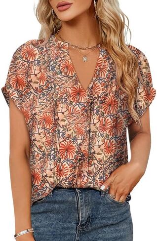 Dokotoo Women's Casual V Neck Floral Print Smocked Short Cap Sleeve Button Down Chiffon Blouses Pleated Top Shirts in Saudi Arabia