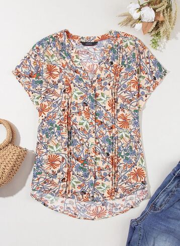 Dokotoo Women's Casual V Neck Floral Print Smocked Short Cap Sleeve Button Down Chiffon Blouses Pleated Top Shirts in Saudi Arabia