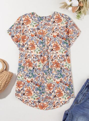 Dokotoo Women's Casual V Neck Floral Print Smocked Short Cap Sleeve Button Down Chiffon Blouses Pleated Top Shirts in Saudi Arabia