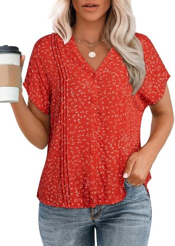 Dokotoo Women's Casual V Neck Floral Print Smocked Short Cap Sleeve Button Down Chiffon Blouses Pleated Top Shirts in Saudi Arabia