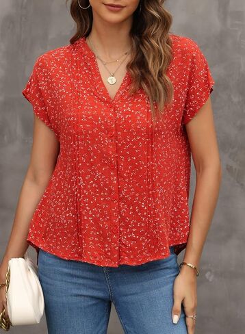 Dokotoo Women's Casual V Neck Floral Print Smocked Short Cap Sleeve Button Down Chiffon Blouses Pleated Top Shirts in Saudi Arabia