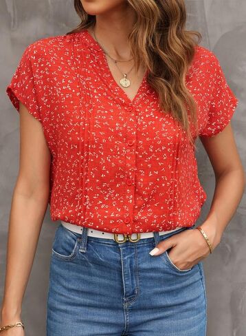Dokotoo Women's Casual V Neck Floral Print Smocked Short Cap Sleeve Button Down Chiffon Blouses Pleated Top Shirts in Saudi Arabia