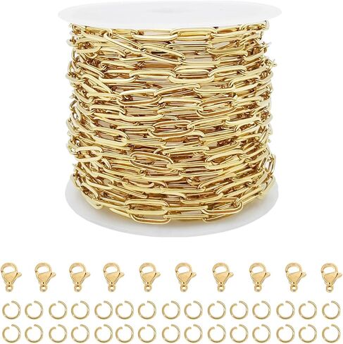 16.4 قدم سلاسل مشبك ورق من الفولاذ المقاوم للصدأ لصنع المجوهرات سلسلة قلادة سوار بالجملة مطلية بالذهب مع مشابك جراد البحر وحلقات القفز (عرض 3 مم) in Kuwait