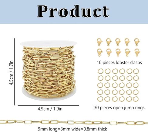 16.4 قدم سلاسل مشبك ورق من الفولاذ المقاوم للصدأ لصنع المجوهرات سلسلة قلادة سوار بالجملة مطلية بالذهب مع مشابك جراد البحر وحلقات القفز (عرض 3 مم) in Kuwait