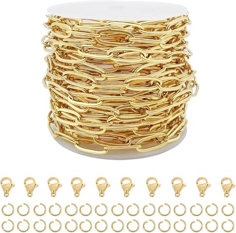 16.4 Feet Stainless Steel Paperclip Chains for Jewelry Making Gold Plated Bulk Bracelet Necklace Chain with Lobster Clasps and Jump Rings (3mm Width) in Kuwait