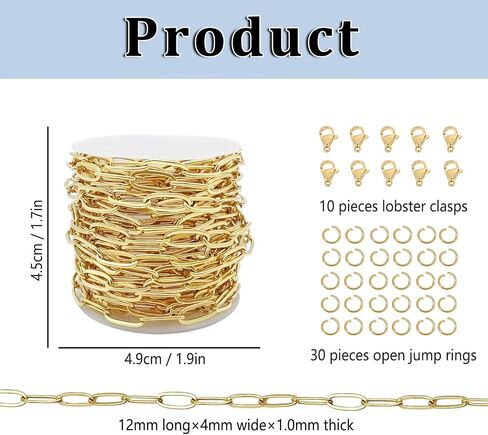 16.4 Feet Stainless Steel Paperclip Chains for Jewelry Making Gold Plated Bulk Bracelet Necklace Chain with Lobster Clasps and Jump Rings (3mm Width) in Kuwait