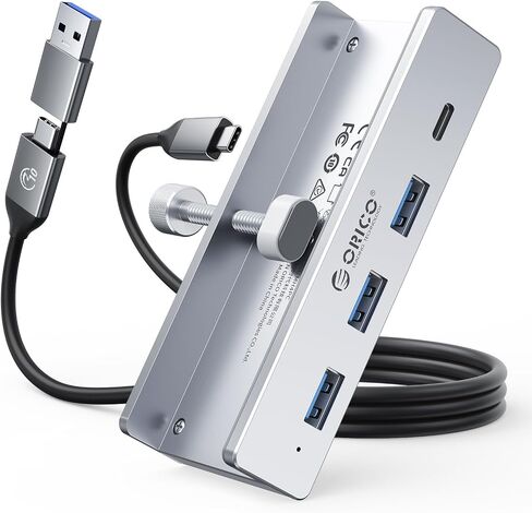 ORICO USB Hub 3.0، محور USB بمشبك مع منفذ إمداد طاقة إضافي، محول USB من الألومنيوم بأربعة منافذ مع 3 منافذ بيانات USB-A، منفذ USB-C للشاشات والمكاتب (أسود) in Kuwait