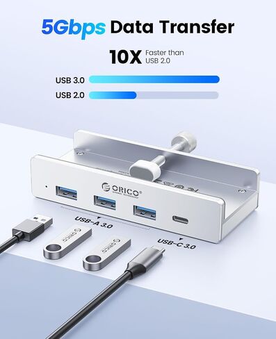 ORICO USB Hub 3.0، محور USB بمشبك مع منفذ إمداد طاقة إضافي، محول USB من الألومنيوم بأربعة منافذ مع 3 منافذ بيانات USB-A، منفذ USB-C للشاشات والمكاتب (أسود) in Kuwait