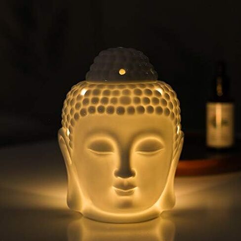 حامل شموع من السيراميك، موقد زيتي، موقد شمع منزلي، ديكور رأس بوذا الأساسي للعلاج العطري، مواقد تذوب الشمع، موزع زيت، حوامل شموع تيلايت، زخرفة بوذا لمنتجع اليوجا (أبيض) in Kuwait